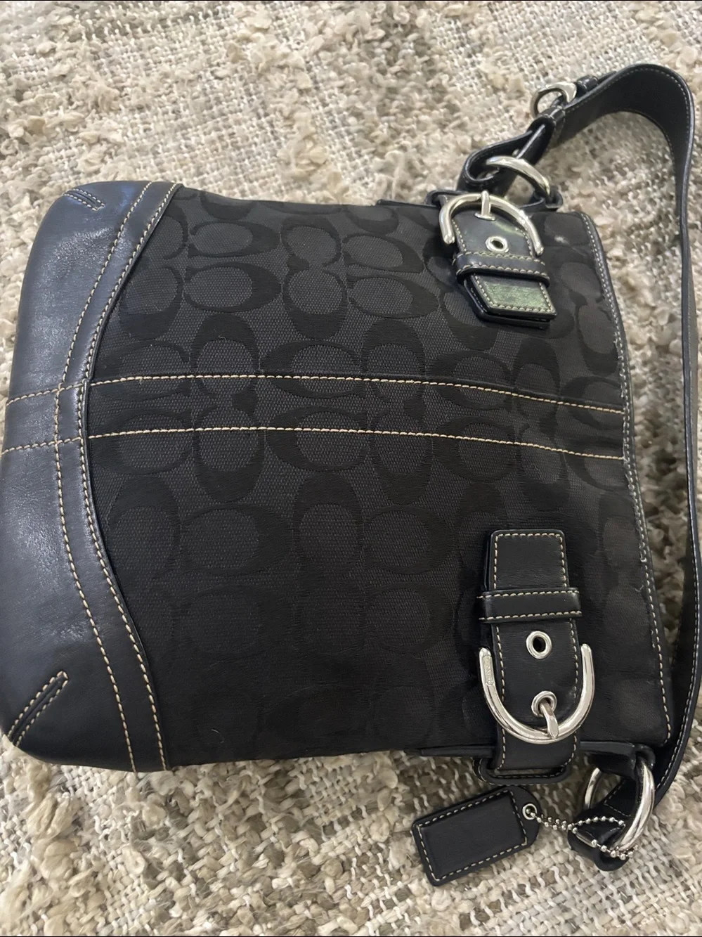 Coach‎ Black Signature Canvas Shoulder Hobo with Buckle Accents